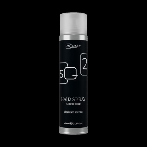 Envase negro y plateado de la laca HAIR SPRAY de 2Square Professional, 400 ml