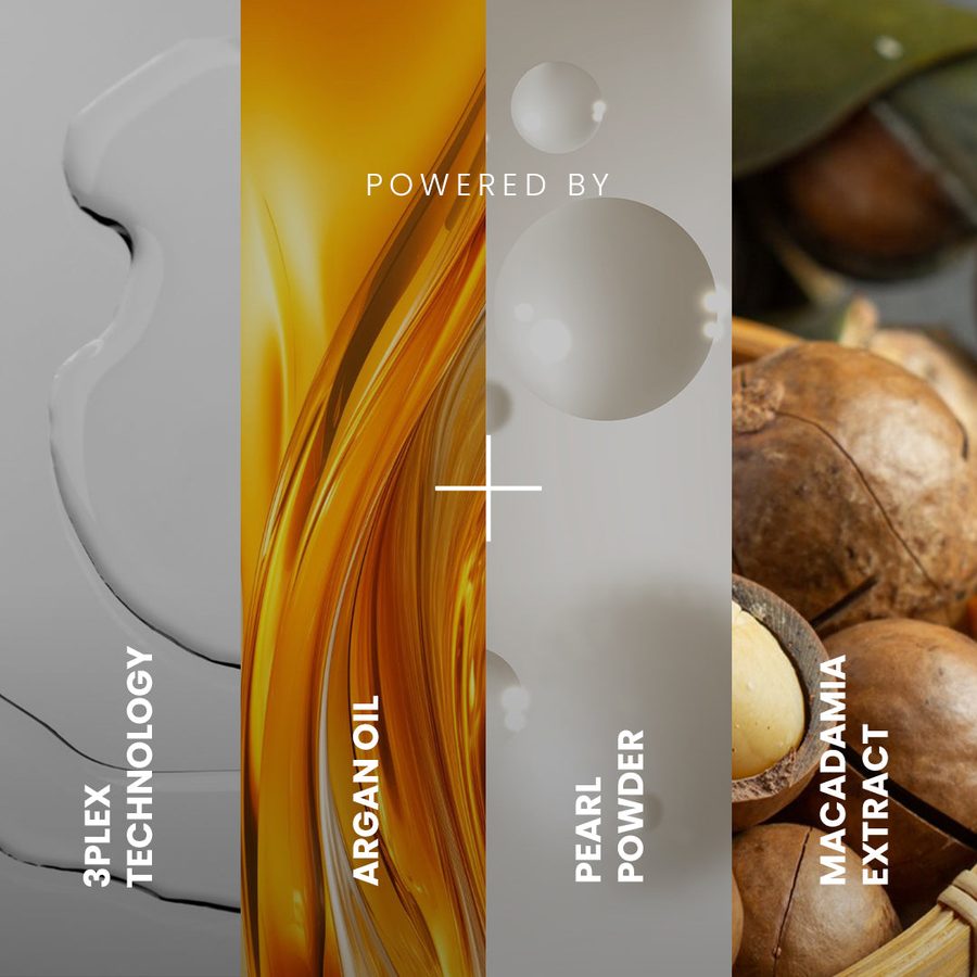 Los cuatro componentes de la crema: tecnología 3PLEX, aceite de argán, polvo de perla y extracto de macadamia