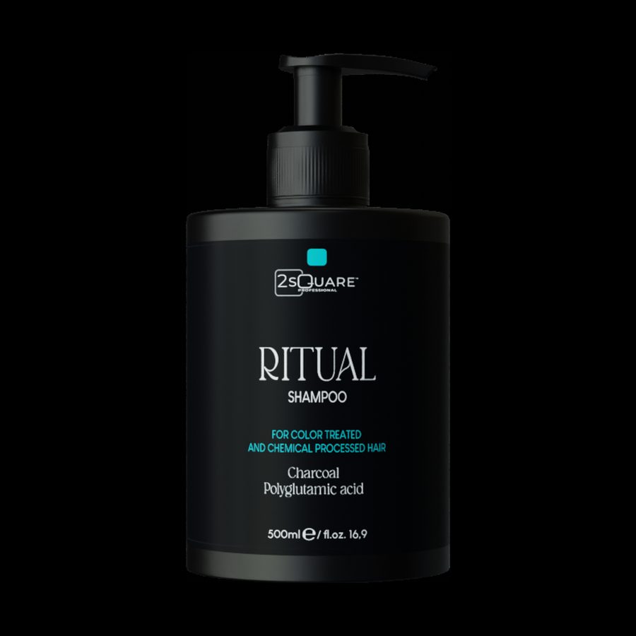Frasco negro del champú RITUAL de 2Square Professional, 500 ml, sobre fondo negro